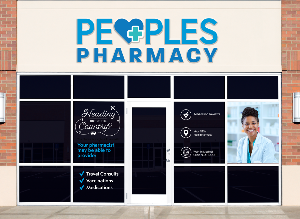 Peoples Pharmacy storefront with health service signage