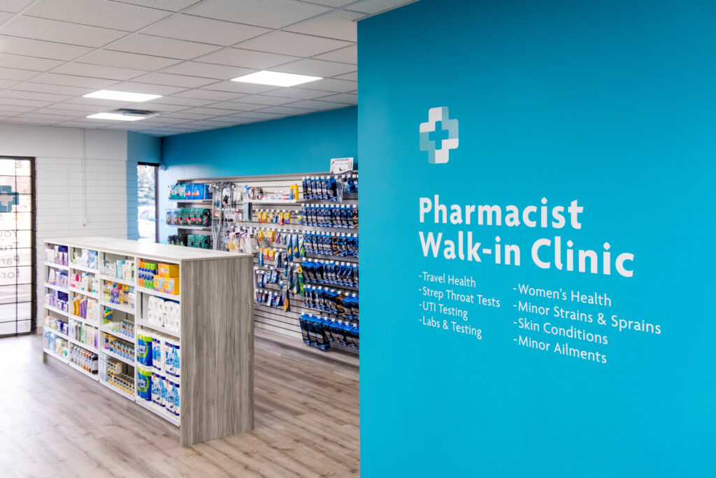 Pharmacist walk-in clinic inside modern pharmacy