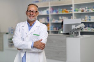 Smiling pharmacist standing in modern pharmacy