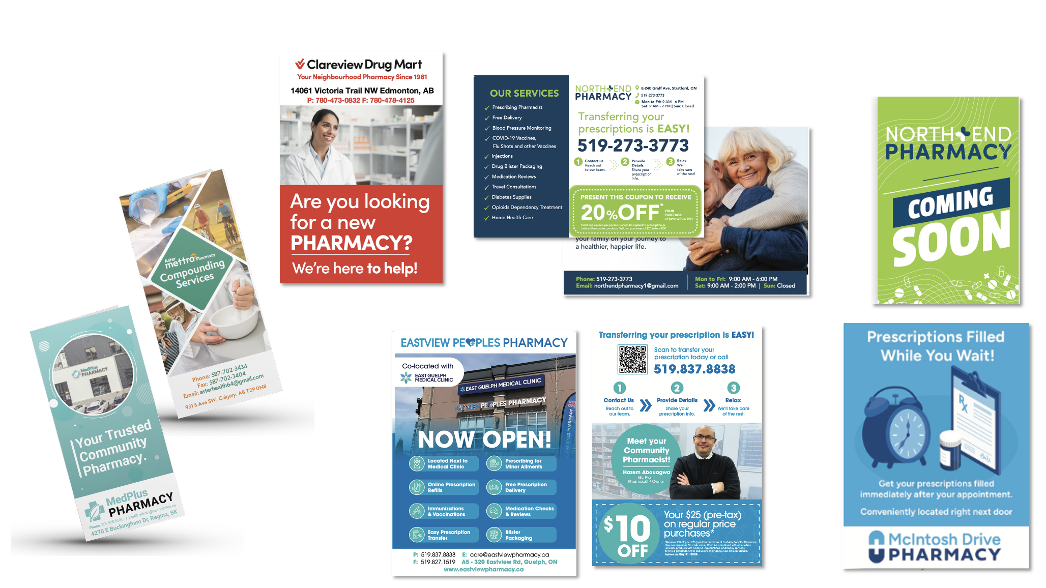 Collage of pharmacy promotional posters and flyers